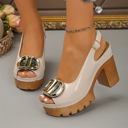 Sandalias Mujer peeptoe tacón ancho hebilla metálica