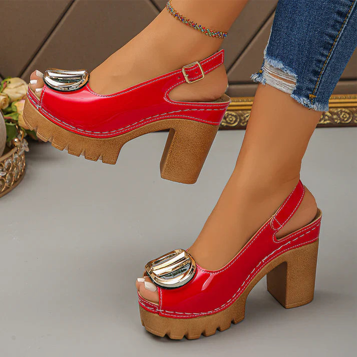 Sandalias Mujer peeptoe tacón ancho hebilla metálica