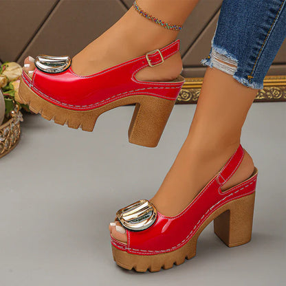 Sandalias Mujer peeptoe tacón ancho hebilla metálica