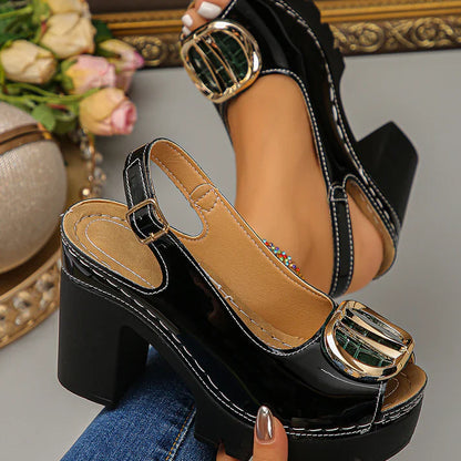Sandalias Mujer peeptoe tacón ancho hebilla metálica