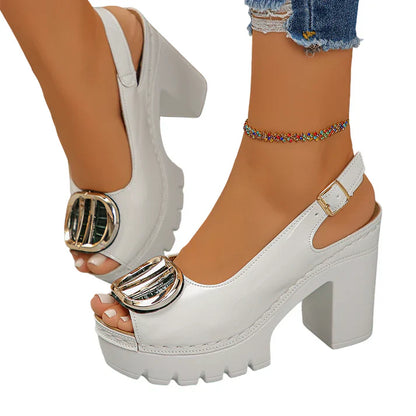 Sandalias Mujer peeptoe tacón ancho hebilla metálica