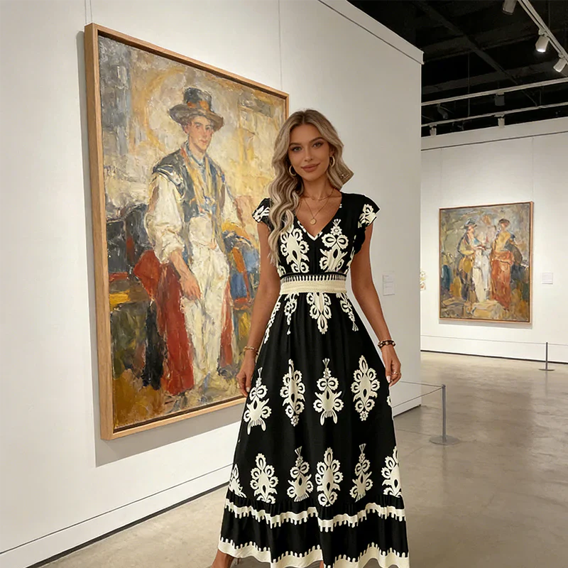 Vestido maxi mujer con escote en V y estampado barroco