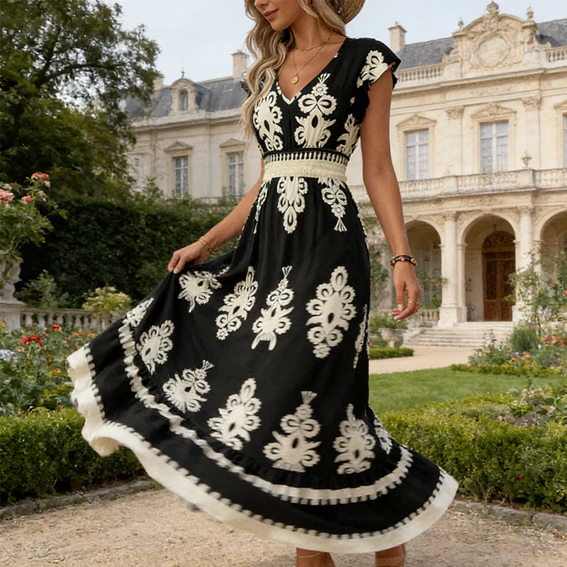 Vestido maxi mujer con escote en V y estampado barroco