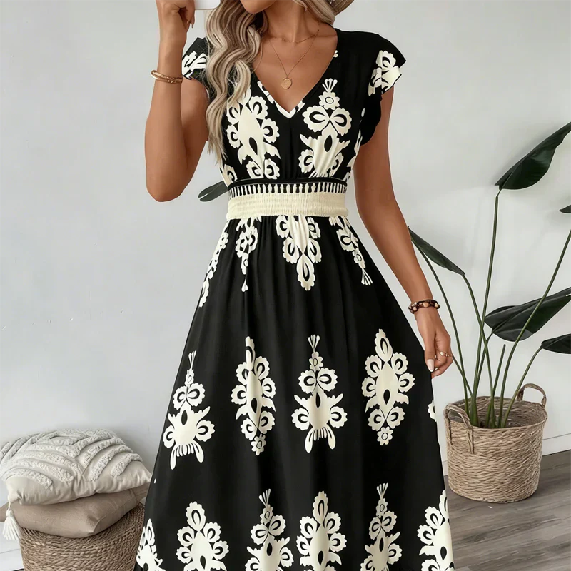Vestido maxi mujer con escote en V y estampado barroco