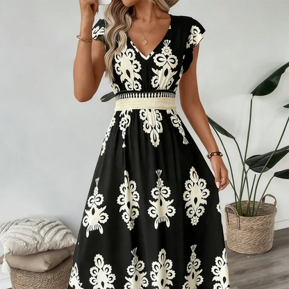 Vestido maxi mujer con escote en V y estampado barroco