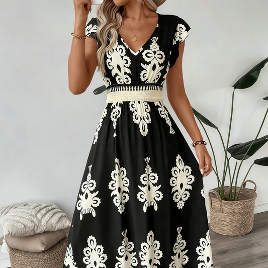 Vestido maxi mujer de tela barroca escote en V - Mavetta
