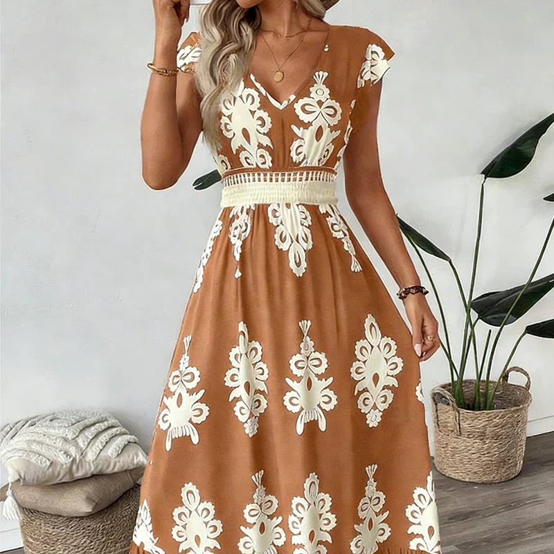 Vestido maxi mujer con escote en V y estampado barroco