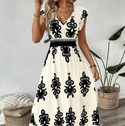 Vestido maxi mujer con escote en V y estampado barroco