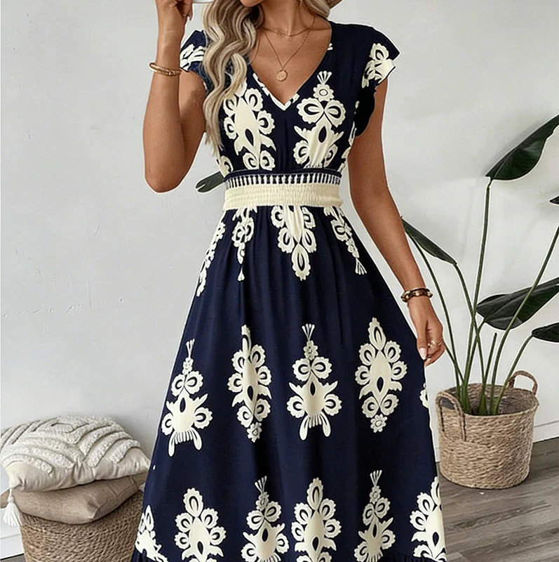 Vestido maxi mujer de estampado barroco escote en V