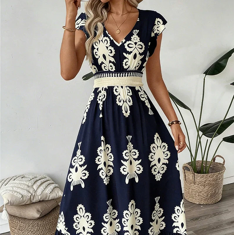 Vestido maxi mujer con escote en V y estampado barroco