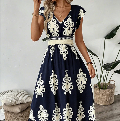 Vestido maxi mujer con escote en V y estampado barroco