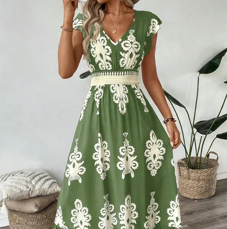 Vestido maxi mujer con escote en V y estampado barroco