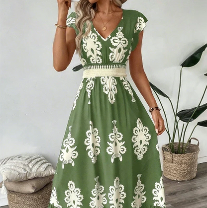 Vestido maxi mujer con escote en V y estampado barroco