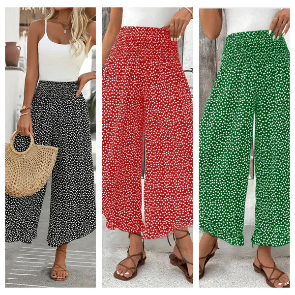 Pantalón Mujer Fluido Estampado Lunares Volante