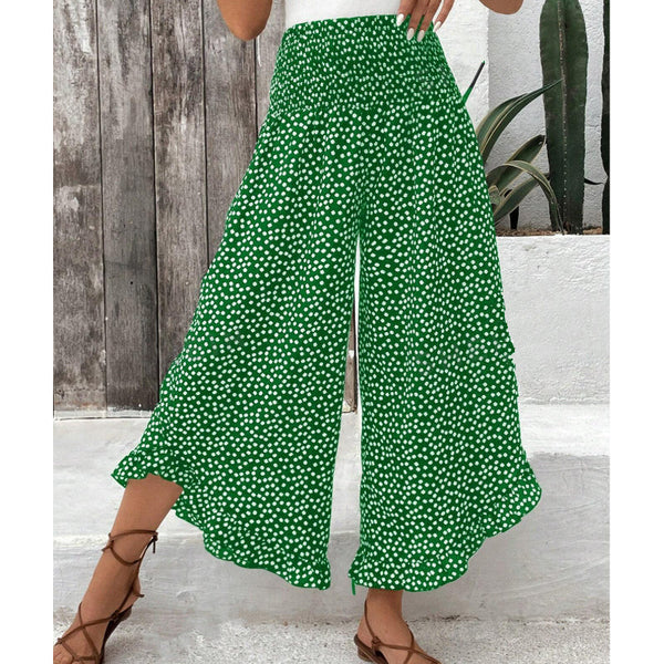 Pantalón Mujer Fluido Estampado Lunares Volante