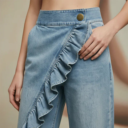 Pantalones Mujer Vaqueros Asimétricos con Volante Pierna Ancha