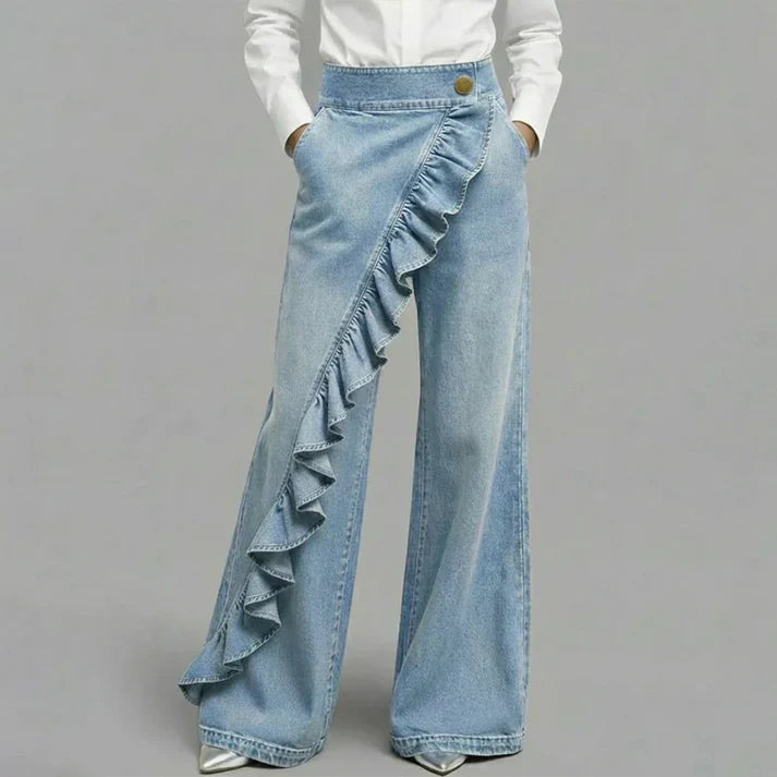 Pantalones Mujer Vaqueros Asimétricos con Volante Pierna Ancha