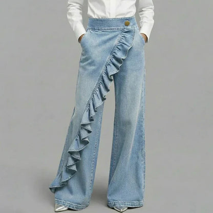 Pantalones Mujer Vaqueros Asimétricos con Volante Pierna Ancha