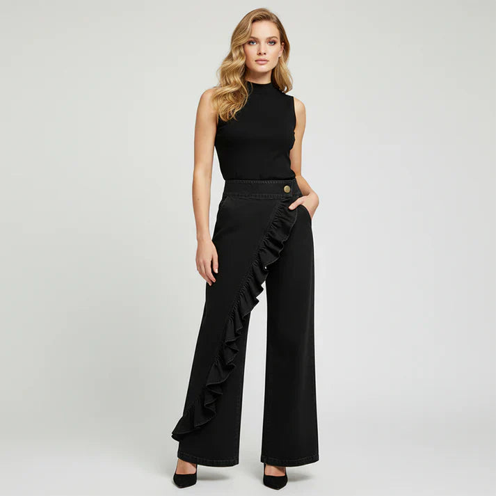 Pantalones Mujer Vaqueros Asimétricos con Volante Pierna Ancha