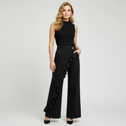 Pantalones Mujer Vaqueros Asimétricos con Volante Pierna Ancha