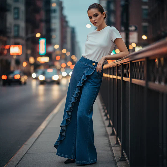 Pantalones Mujer Vaqueros Asimétricos con Volante Pierna Ancha
