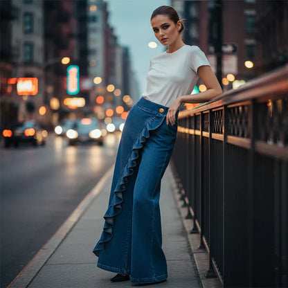 Pantalones Mujer Vaqueros Asimétricos con Volante Pierna Ancha