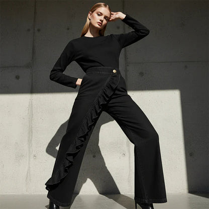 Pantalones Mujer Vaqueros Asimétricos con Volante Pierna Ancha