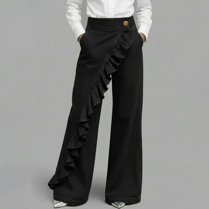 Pantalones Mujer Vaqueros Asimétricos con Volante Pierna Ancha