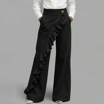 Pantalones Mujer Vaqueros Asimétricos con Volante Pierna Ancha