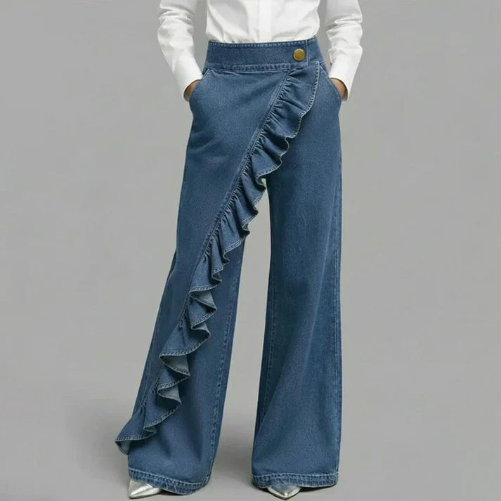 Pantalones Mujer Vaqueros Asimétricos con Volante Pierna Ancha