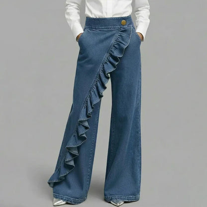 Pantalones Mujer Vaqueros Asimétricos con Volante Pierna Ancha