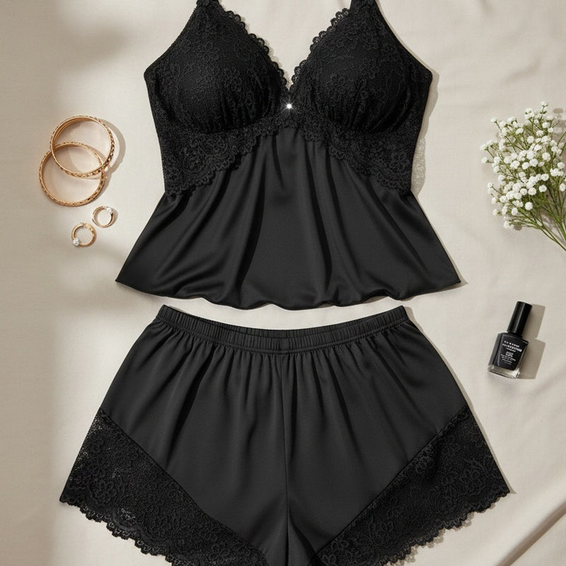 Conjunto Pijama Mujer Encaje Satinado y Short