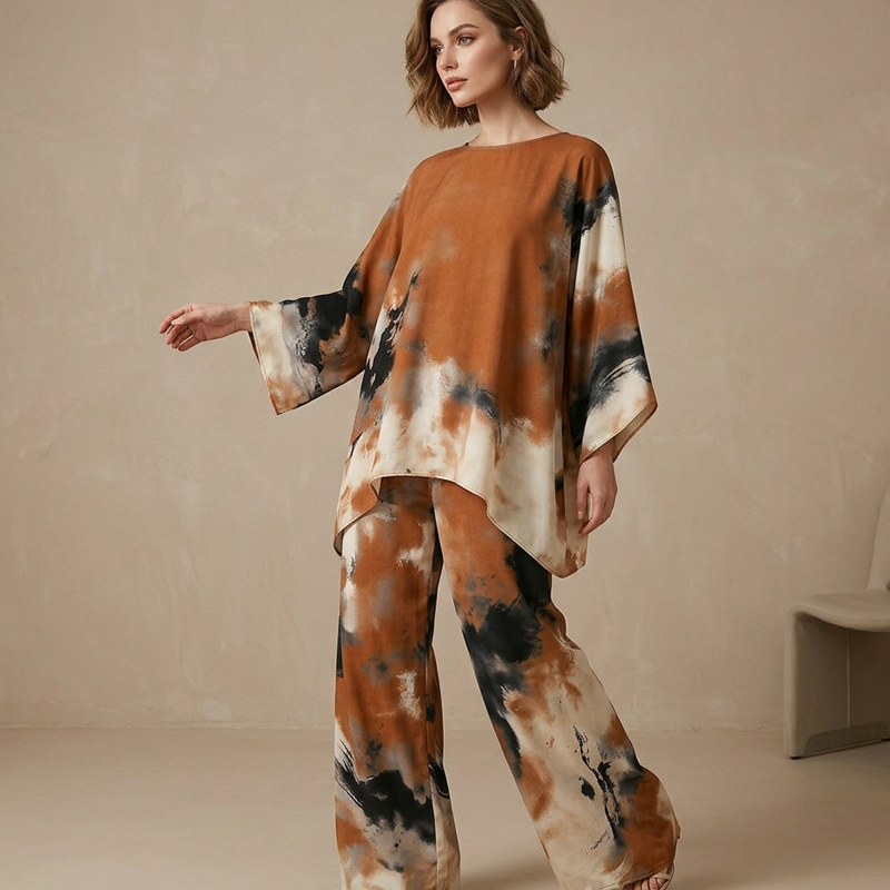 Conjunto Mujer Satén Túnica Oversized Pantalón Ancho