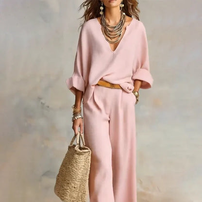 Conjunto Mujer Escote en V y Pantalón Amplio