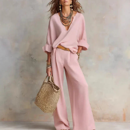 Conjunto Mujer Escote en V y Pantalón Amplio