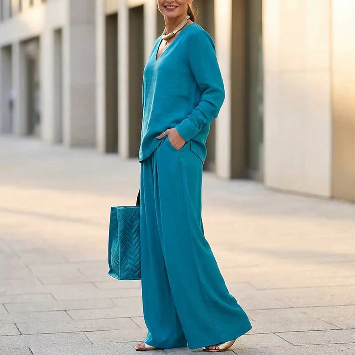 Conjunto Mujer Cuello en V Pantalones Pierna Ancha Comodos
