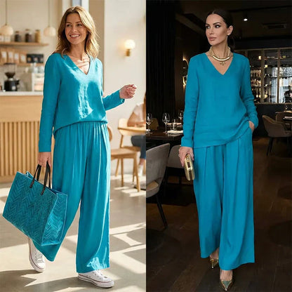 Conjunto Mujer Cuello en V Pantalones Pierna Ancha Comodos