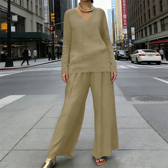 Conjunto Mujer Cuello en V Pantalones Pierna Ancha Comodos