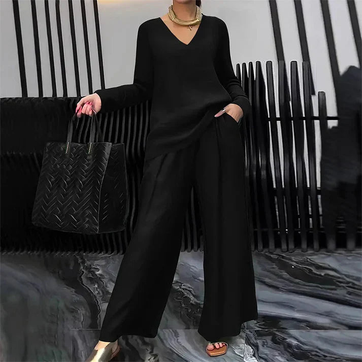 Conjunto Mujer Cuello en V Pantalones Pierna Ancha Comodos
