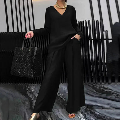 Conjunto Mujer Cuello en V Pantalones Pierna Ancha Comodos
