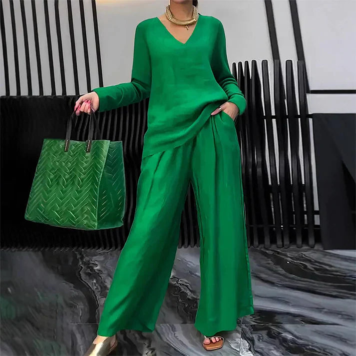 Conjunto Mujer Cuello en V Pantalones Pierna Ancha Comodos - Mavetta