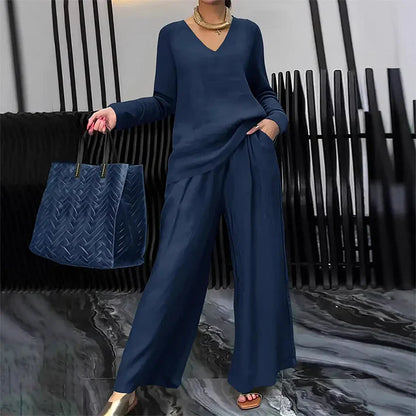 Conjunto Mujer Cuello en V Pantalones Pierna Ancha Comodos