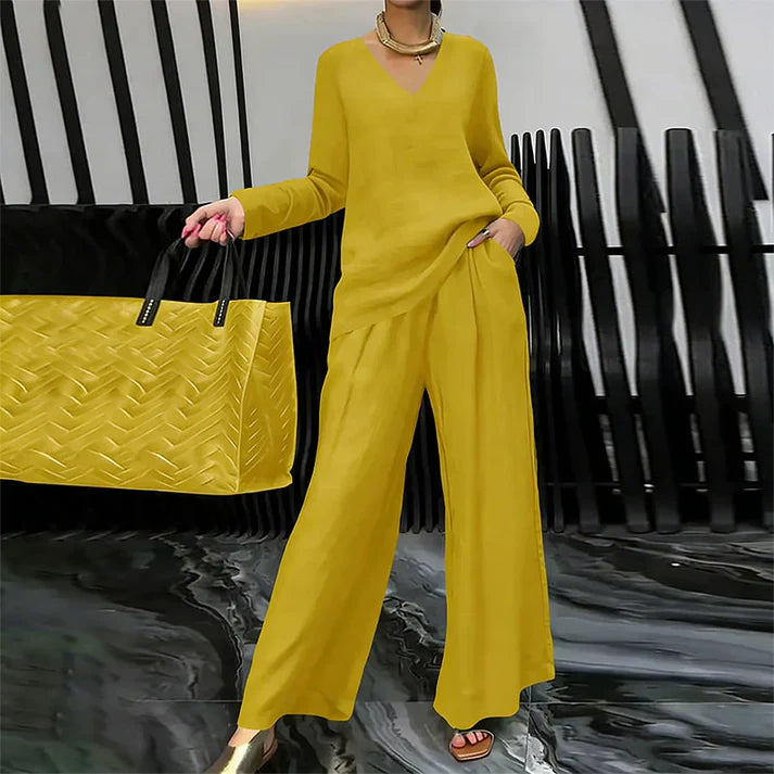 Conjunto Mujer Cuello en V Pantalones Pierna Ancha Comodos