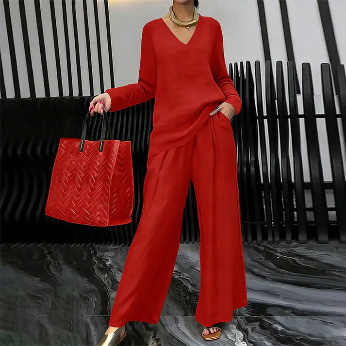Conjunto Mujer Cuello en V Pantalones Pierna Ancha Comodos