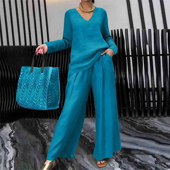 Conjunto Mujer Cuello en V Pantalones Pierna Ancha Comodos