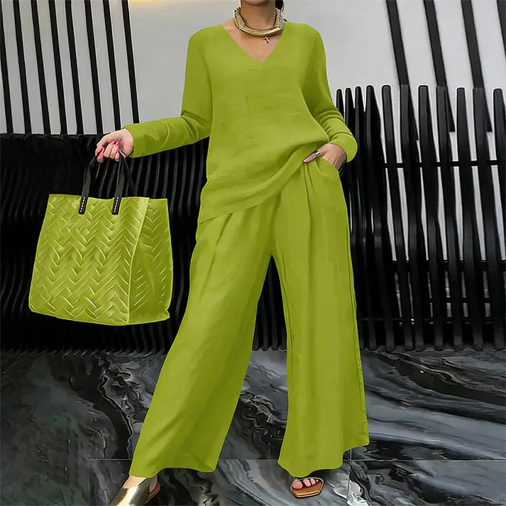 Conjunto Mujer Cuello en V Pantalones Pierna Ancha Comodos
