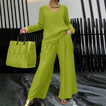 Conjunto Mujer Cuello en V Pantalones Pierna Ancha Comodos