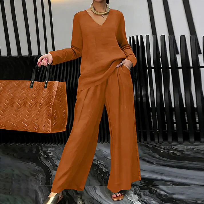 Conjunto Mujer Cuello en V Pantalones Pierna Ancha Comodos