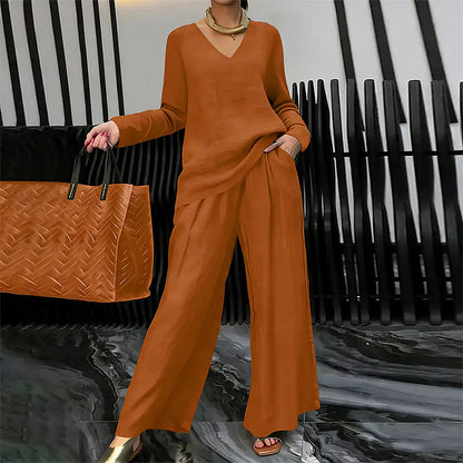 Conjunto Mujer Cuello en V Pantalones Pierna Ancha Comodos