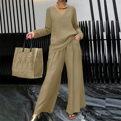 Conjunto Mujer Cuello en V Pantalones Pierna Ancha Comodos